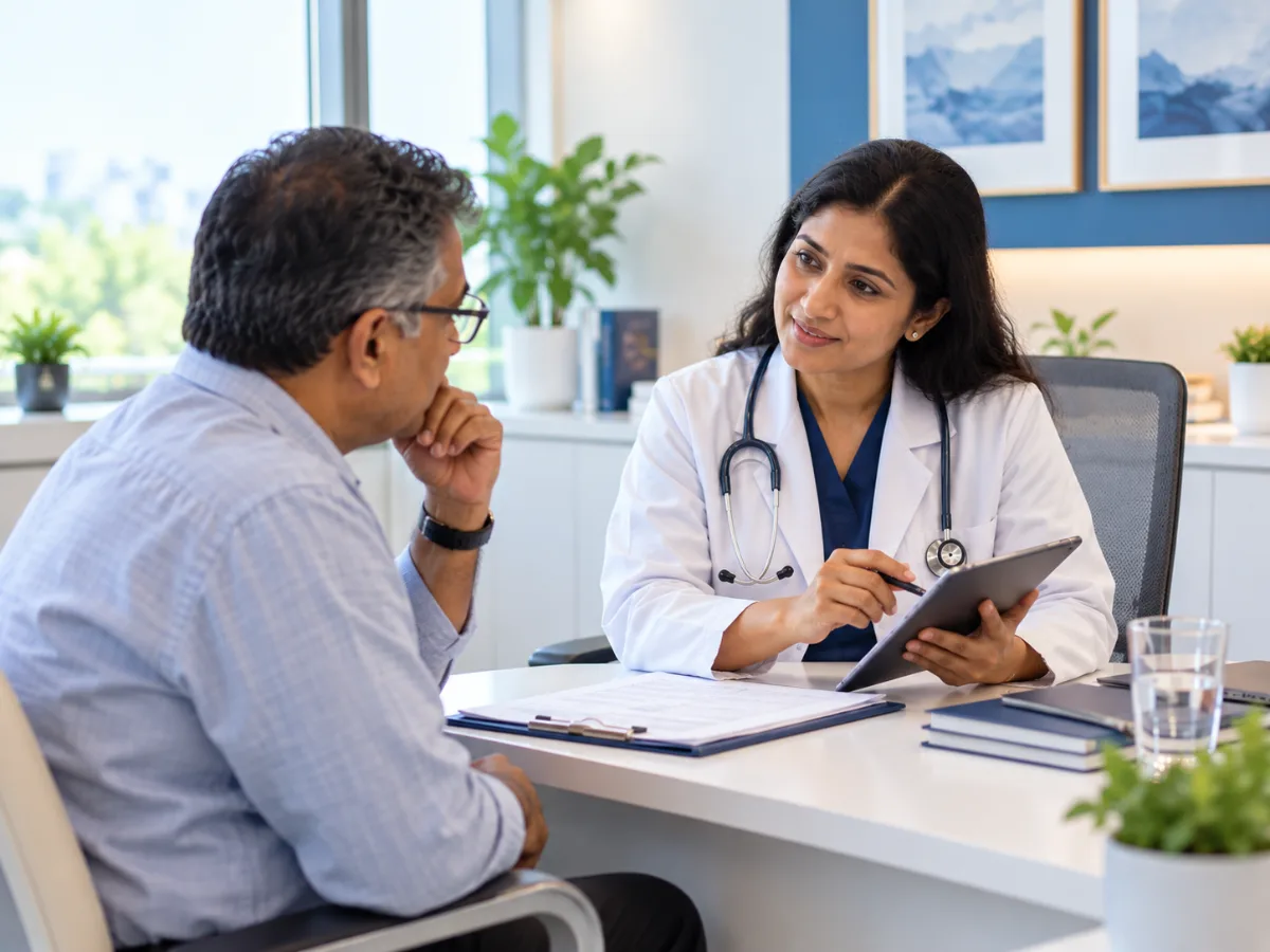 Physician discussing kidney health with a patient and family member at a first kidney assessment