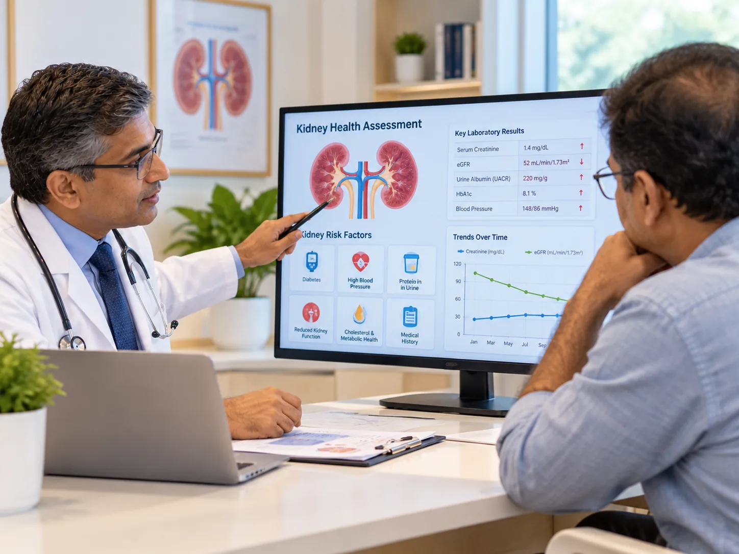 Physician explaining kidney-related laboratory results and risk factors to a patient